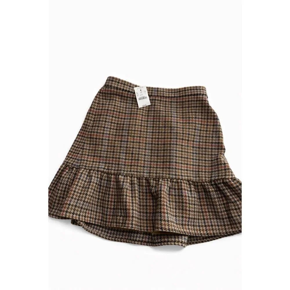 NWT J Crew 100% Wool Plaid Ruffle Hem Mini Skirt Blue Brown Size 6 Houndstooth